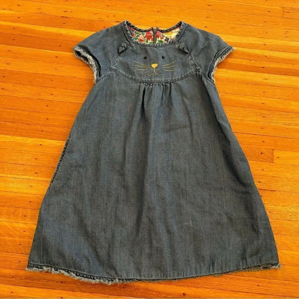Mini Boden blue denim short sleeve embroidered cat dress